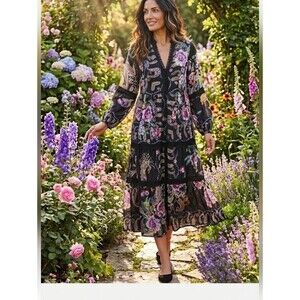 Johnny Was Silk Lace Trim Floral Leda Dress